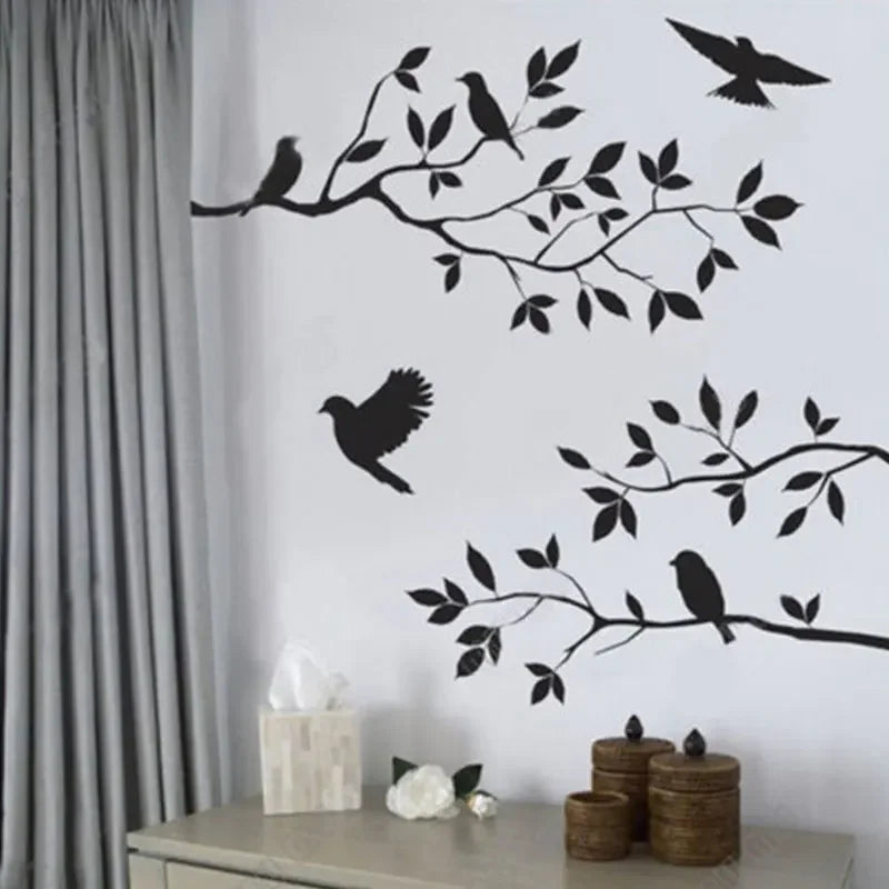 sticker mural minimaliste oiseaux branches feuilles noir décoration moderne maison salon