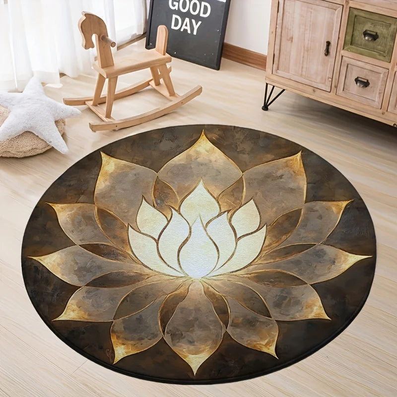 tapis rond fleur lotus moderne noir doré résistant antidérapant intérieur extérieur salon chambre