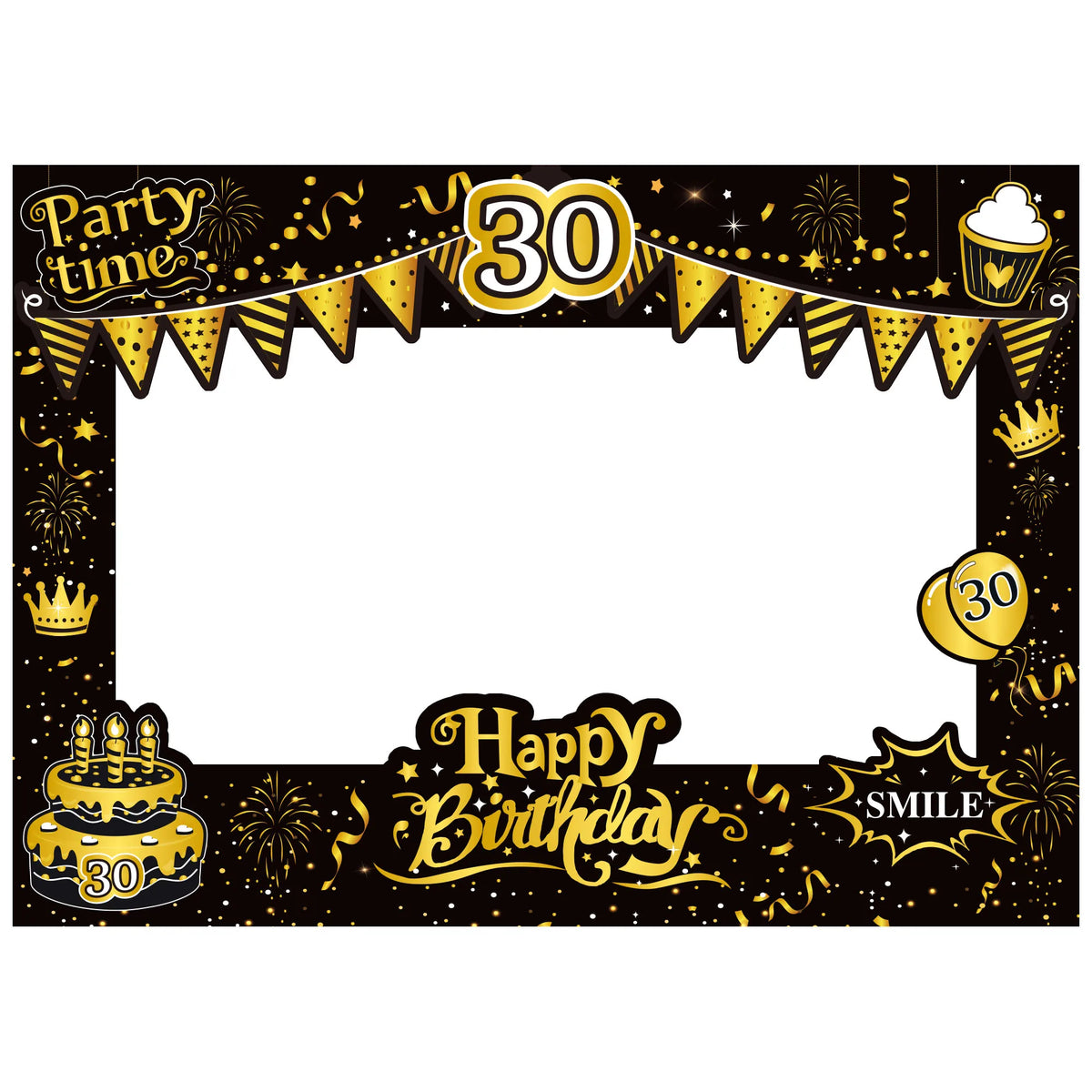 cadre photo noir doré guirlandes happy birthday party time smile festive