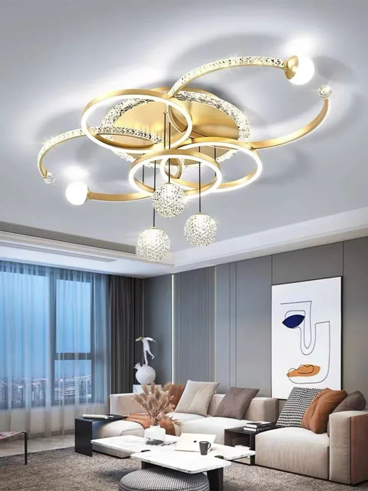 lustre moderne suspension contemporain argenté doré blanc noir globes translucides anneaux lumineux strass decoration