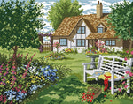 point croix paysage rural maison jardin fleuri coton multicolore guide instructions toile imprimée