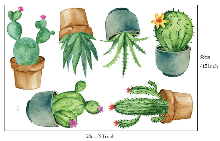 sticker mural cactus floral illustration aquarelle adhésif vert beige bleu