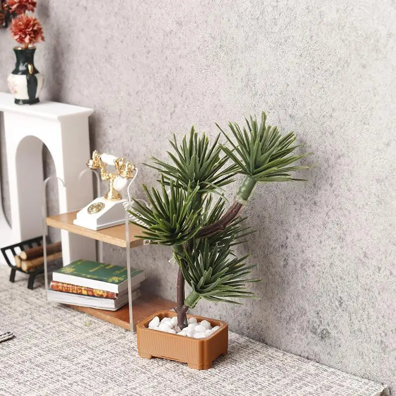 plante artificielle miniature pot carré décoration zen gravier blanc feuilles vertesintérieur miniature bonsaï deco