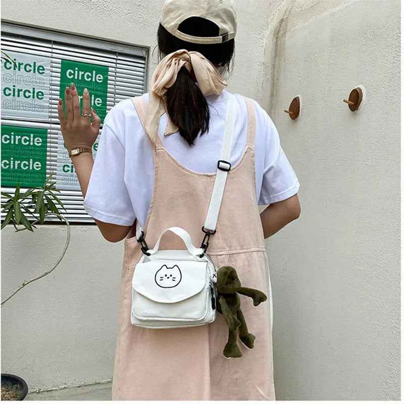 sac bandoulière femme toile imprimé chat blanc moderne décontracté polyvalent