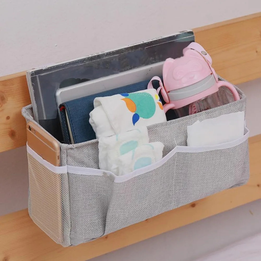 sac rangement toile jute gris clair clips fixation pratique chambre coucher multi poches