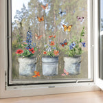 autocollant fenêtre multicolore fleurs pots métal vieilli papillons champêtre floral 38cm 30cm