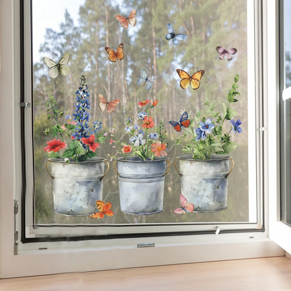 autocollant fenêtre multicolore fleurs pots métal vieilli papillons champêtre floral 38cm 30cm