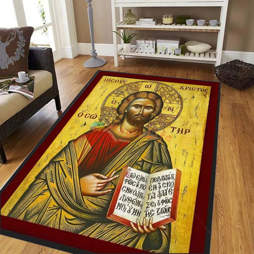 tapis religieux icône orthodoxe rouge bleu doré motif traditionnel salon chambre maison décoratif moderne