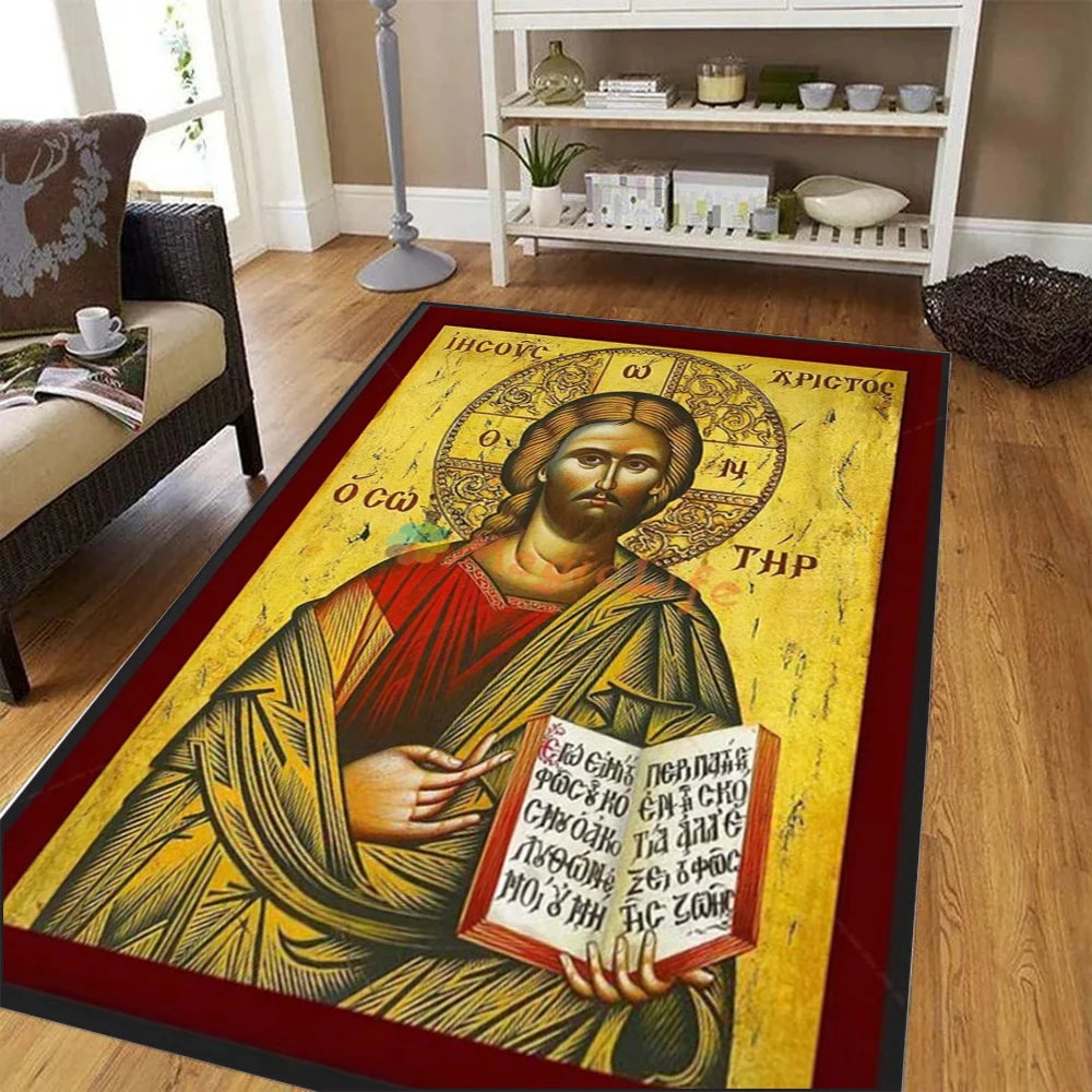 tapis religieux icône orthodoxe rouge bleu doré motif traditionnel salon chambre maison décoratif moderne
