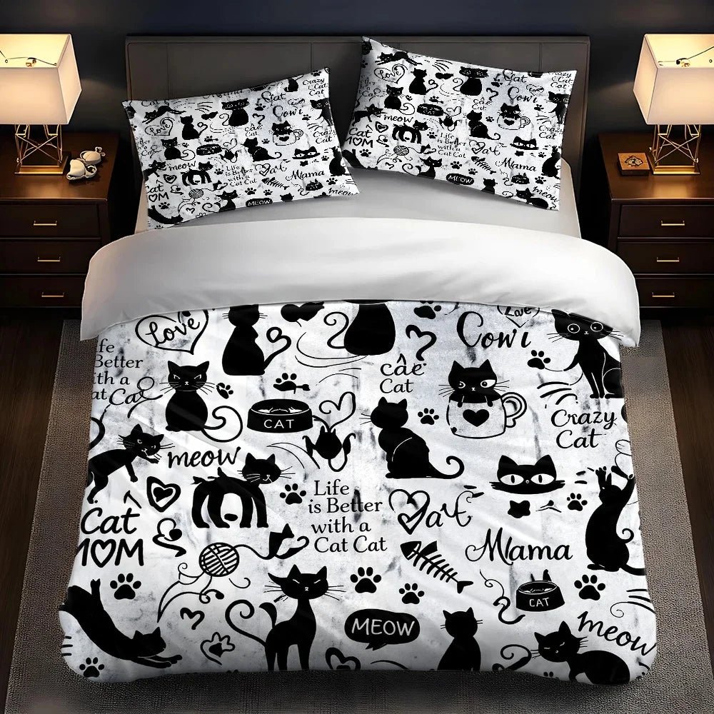 ensemble literie moderne chats noirs phrases blanches housse couette taies oreillers adultes machine