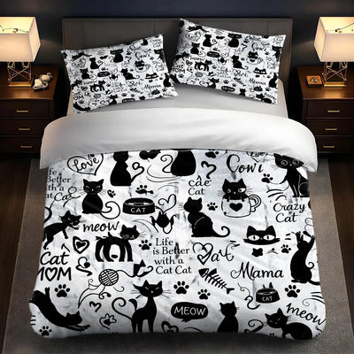 ensemble literie moderne chats noirs phrases blanches housse couette taies oreillers adultes machine