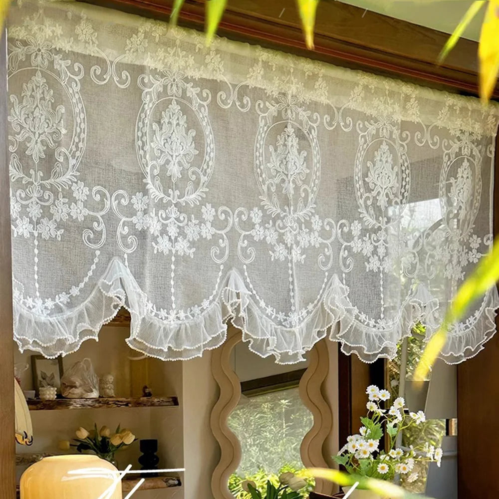 rideau blanc semi transparent brodé fleurs classique vintage clips dentelé polyester machine