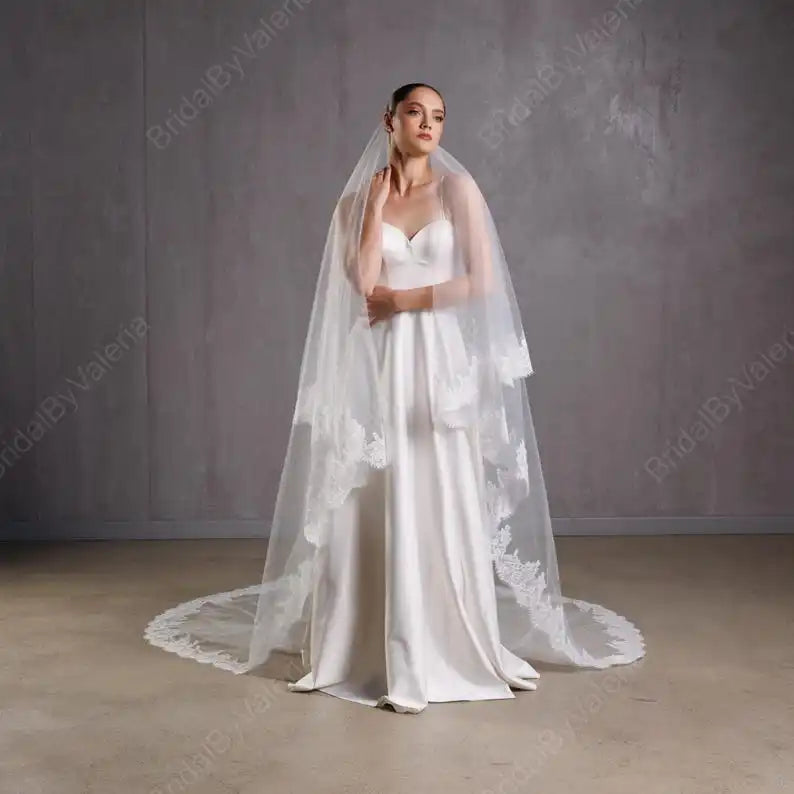 voile mariée blanc dentelle deux couches bordure dentelle classique translucide femme adultère