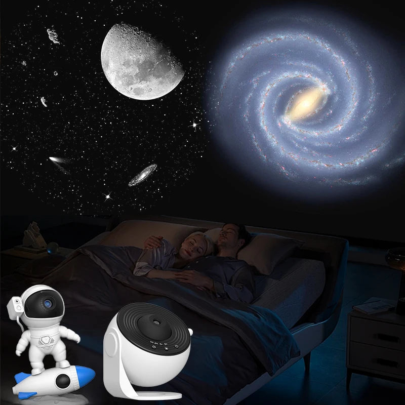 projecteur étoiles univers blanc bleu noir figurines astronautes fusées moderne technologique sans fixation