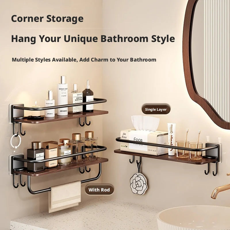 étagère salle bain bois marron foncé moderne fixée mur sans perçage réutilisable multifonctionnelle