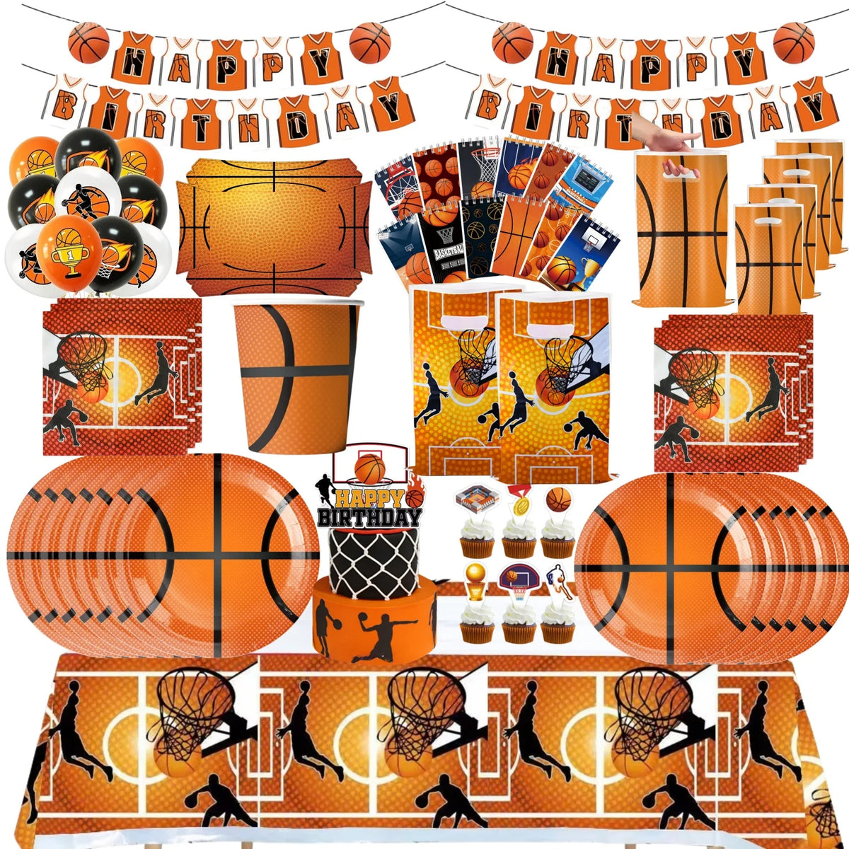 ensemble vaisselle jetable anniversaire basket ball orange noir blanc assiettes serviettes sacs cadeaux