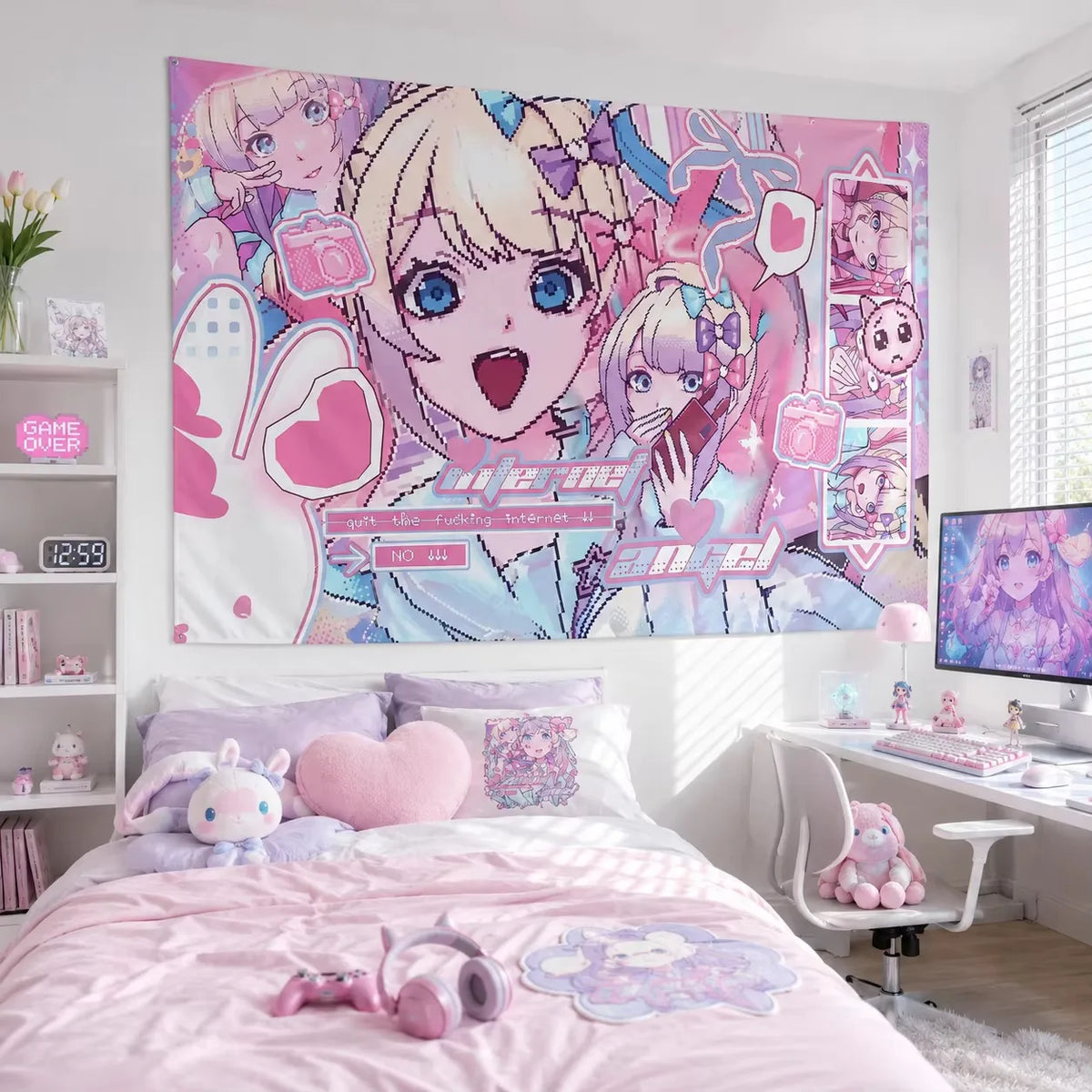 tapisserie moderne anime personnages coeurs rose blanche bleue mur chambre pastel y2k