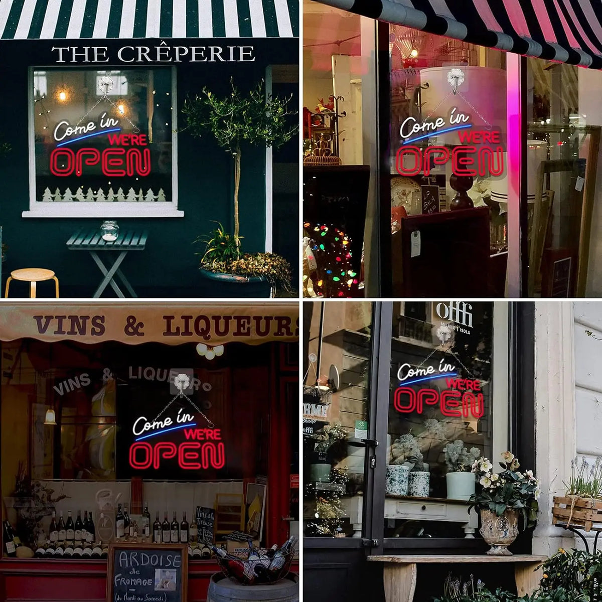 enseigne lumineuse néon ouverte Come in WE'RE OPEN adhésif moderne blanc bleu rouge