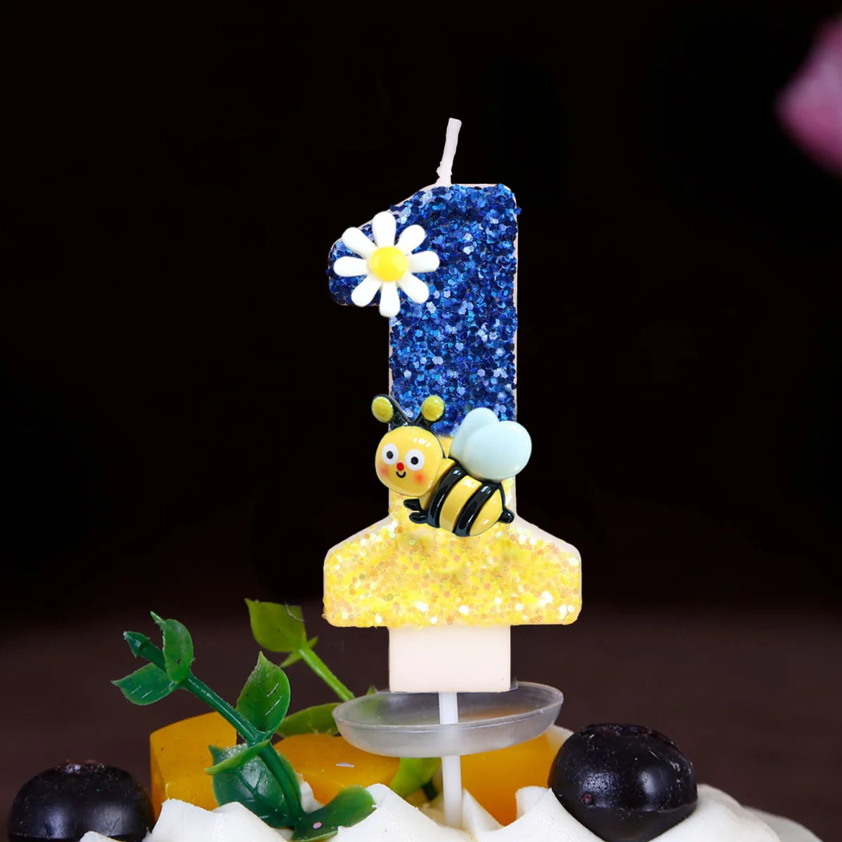 bougies anniversaire chiffres paillettes bleu jaune motifs fleurs décoratives enfants fixations boîte rangement