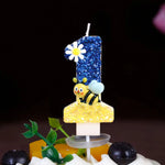 bougies anniversaire chiffres paillettes bleu jaune motifs fleurs décoratives enfants fixations boîte rangement