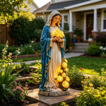 statue religieuse bleu blanc doré robe ornée roses classique extérieur jardin patio