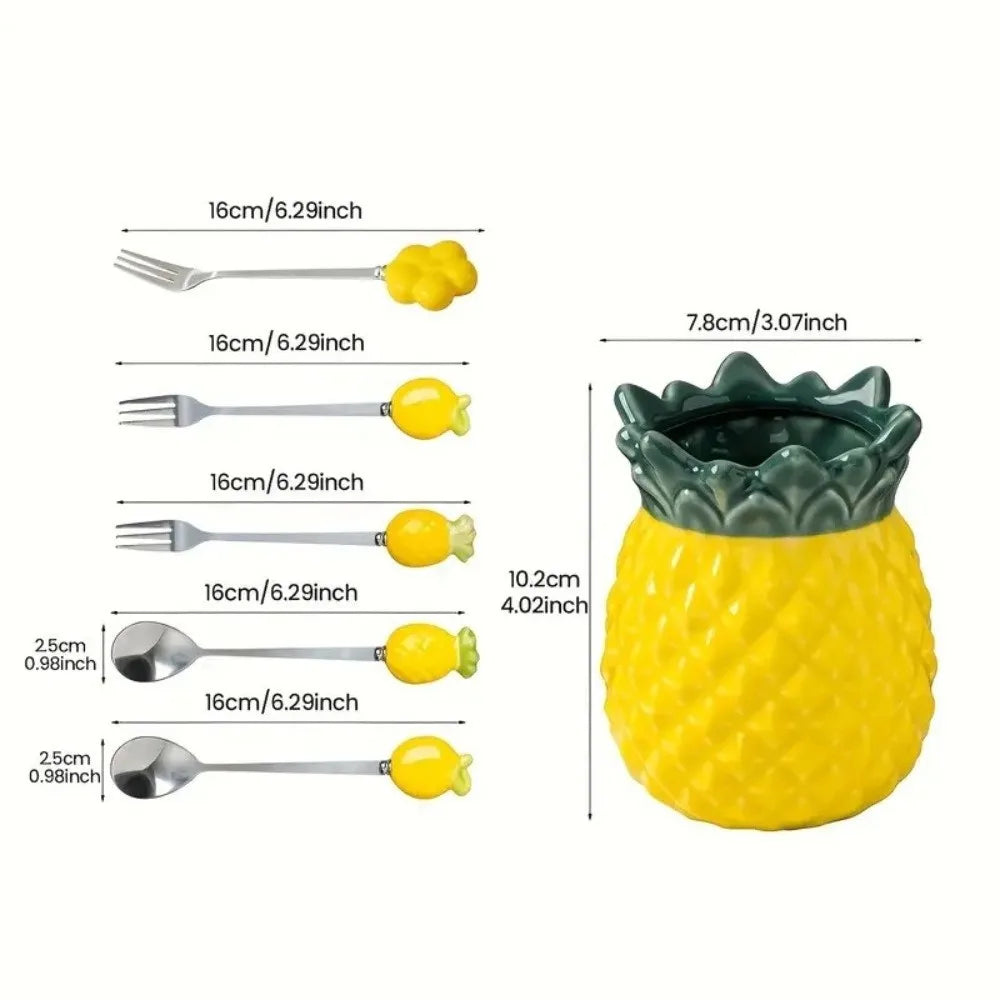 ensemble d'ustensils decoratifs vase ananas fourchettes cuilleres tropical jaune vert foncé losanges ananas