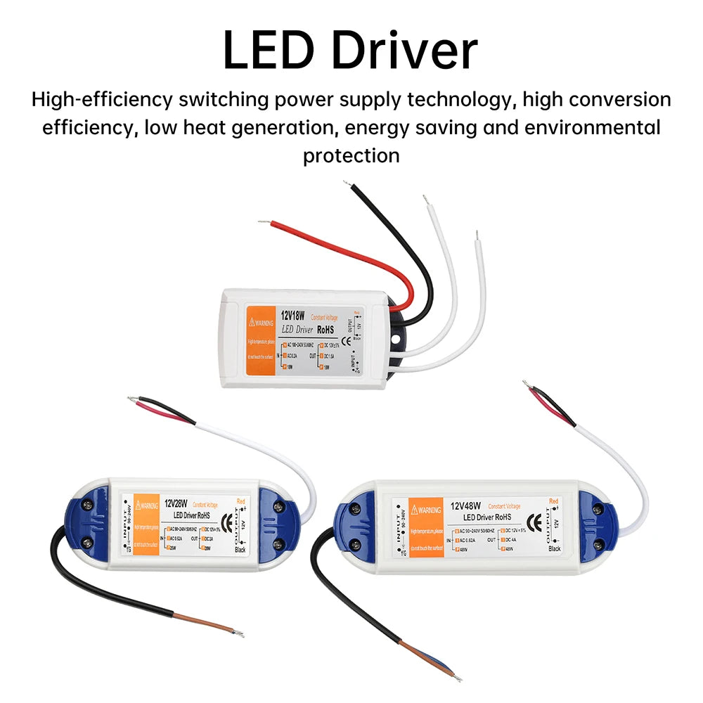 transformateur led 12v alimentation 18w 28w 48w blanc bleu adhésif câbles noirs blancs moderne