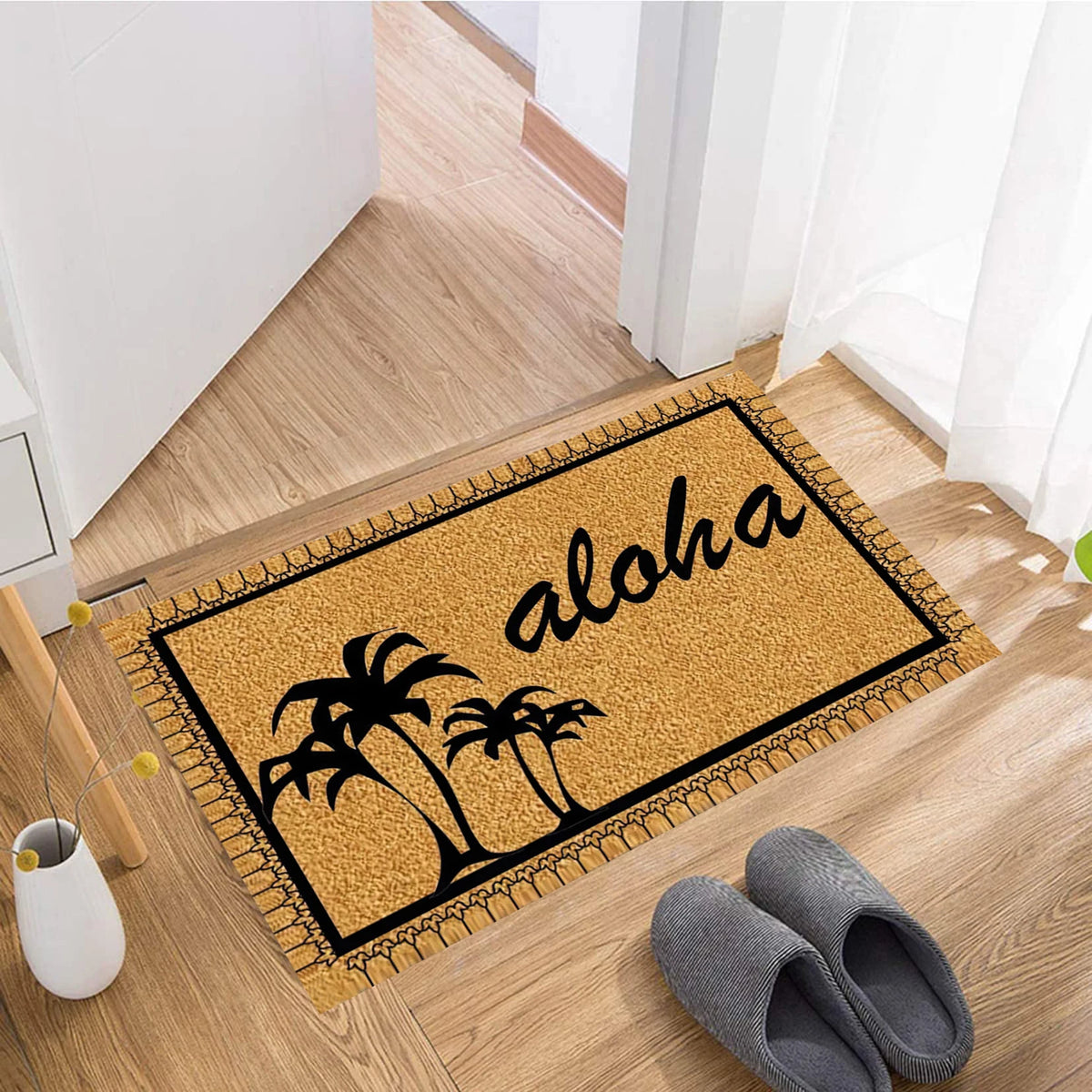 tapis d'entrée caoutchouc imperméable antibactéries antidérapant tropical palmiers noirs aloha moderne extérieurintérieur