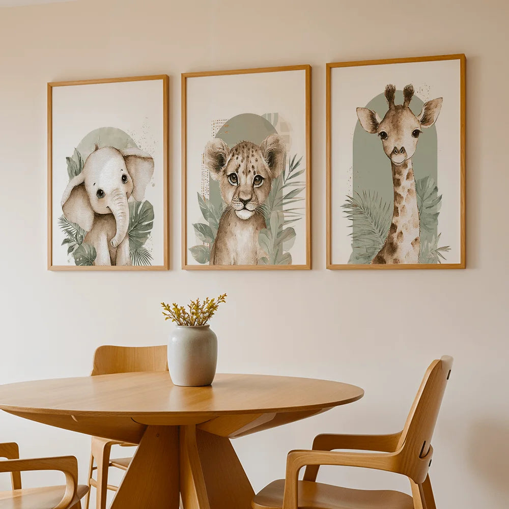 tableaux animaux éléphant lionceau girafe feuilles moderne chambre maison decoration toile cadres bois