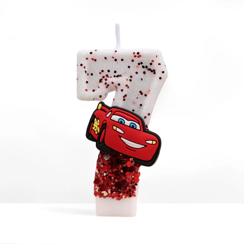 bougies anniversaire forme chiffre sequins motif voiture blanc rouge noir
