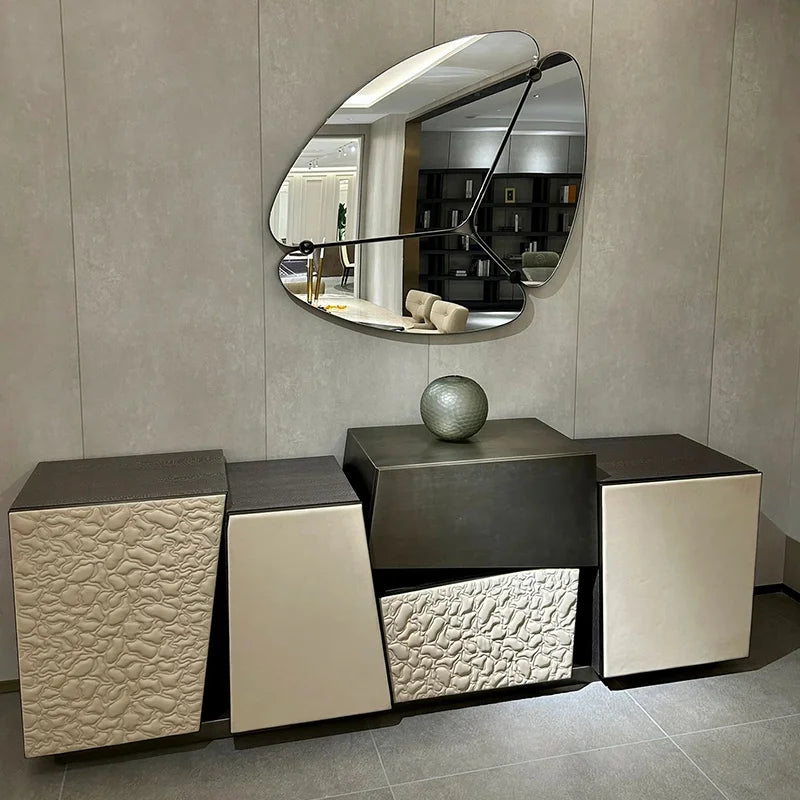 meuble bas multifonction moderne miroir gris buffet console décoration métal bois textures