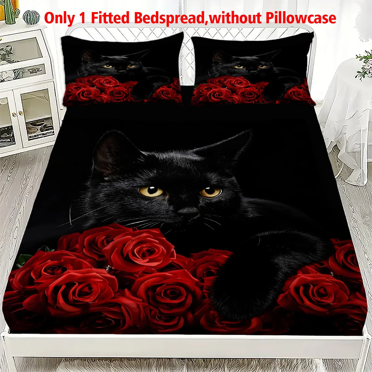 drap housse imprimé chat noir roses rouges coton polyester moderne graphique lit chambreDecoration