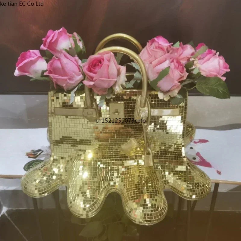 vase resine moderne sac birkin rose vif blanc doré élégant brillant 28cm