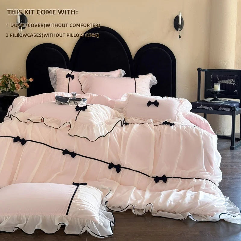 housse couette rose nœuds taies d'oreiller velours noir ruffles romantique chambre coucher literie polyester