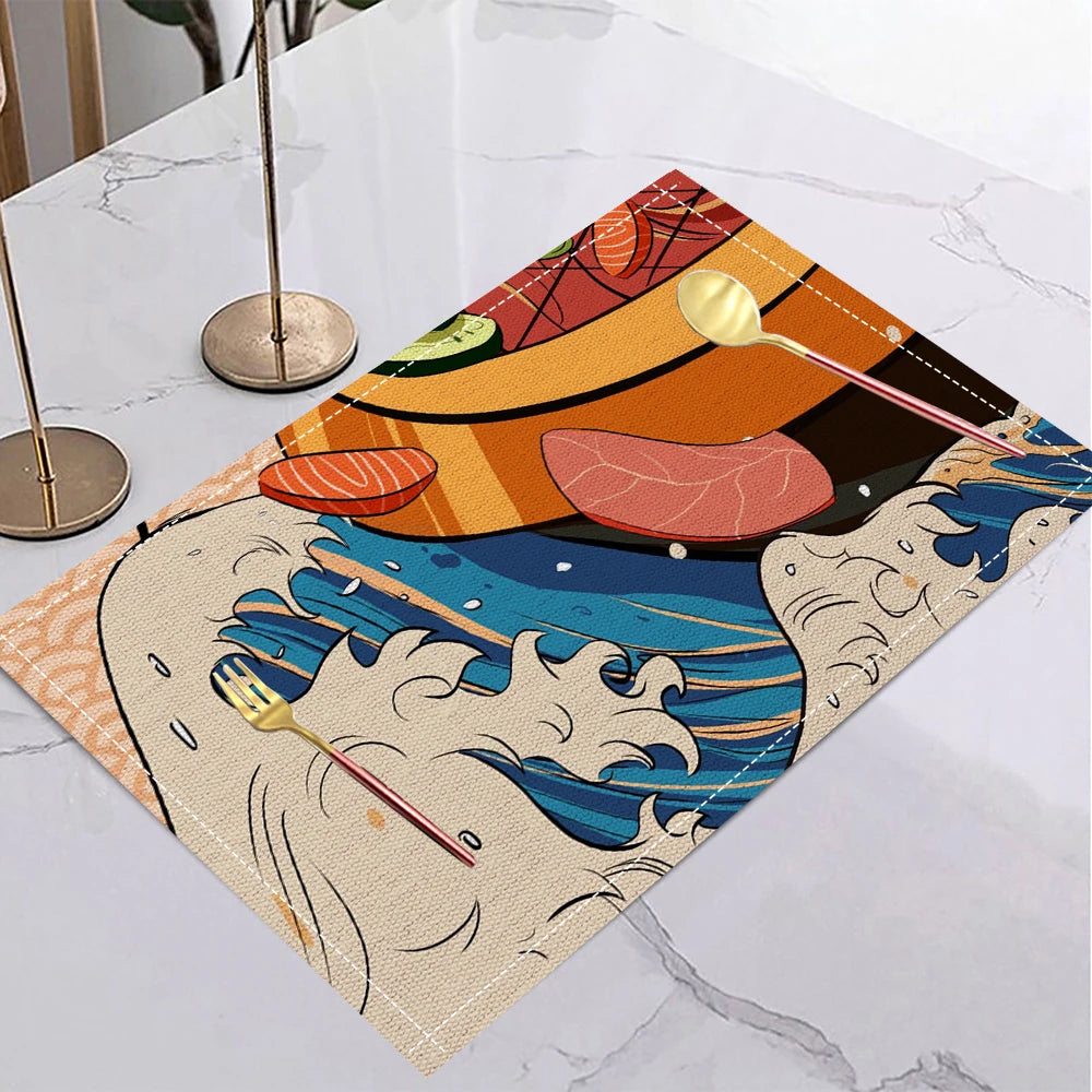 tapis table lin moderne motifs artistiques beige bleu orange noir jaune respectueux environnement 30x40cm