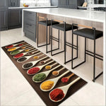 tapis cuisine marron beige blanc motif cuillères grains épices moderne sol polyester pvc