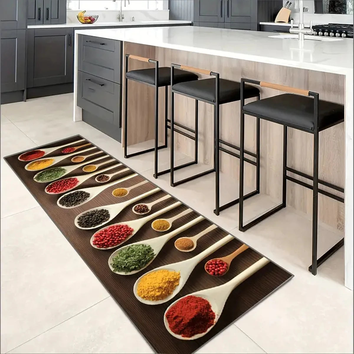 tapis cuisine marron beige blanc motif cuillères grains épices moderne sol polyester pvc