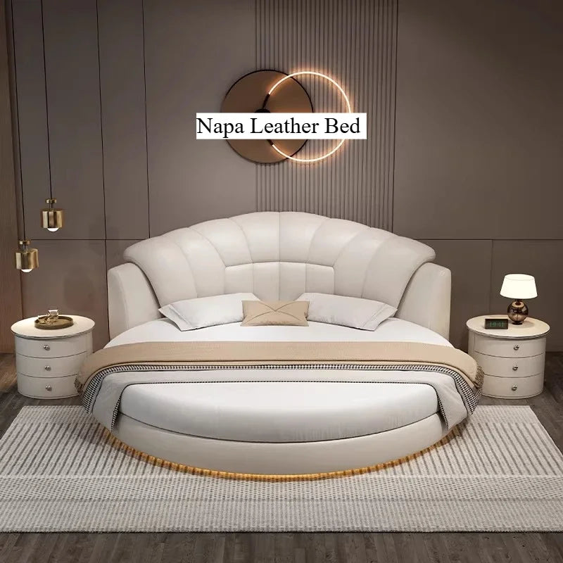 lit rond moderne blanc gris oreillers coussin décoratif tissu simili cuir chambre
