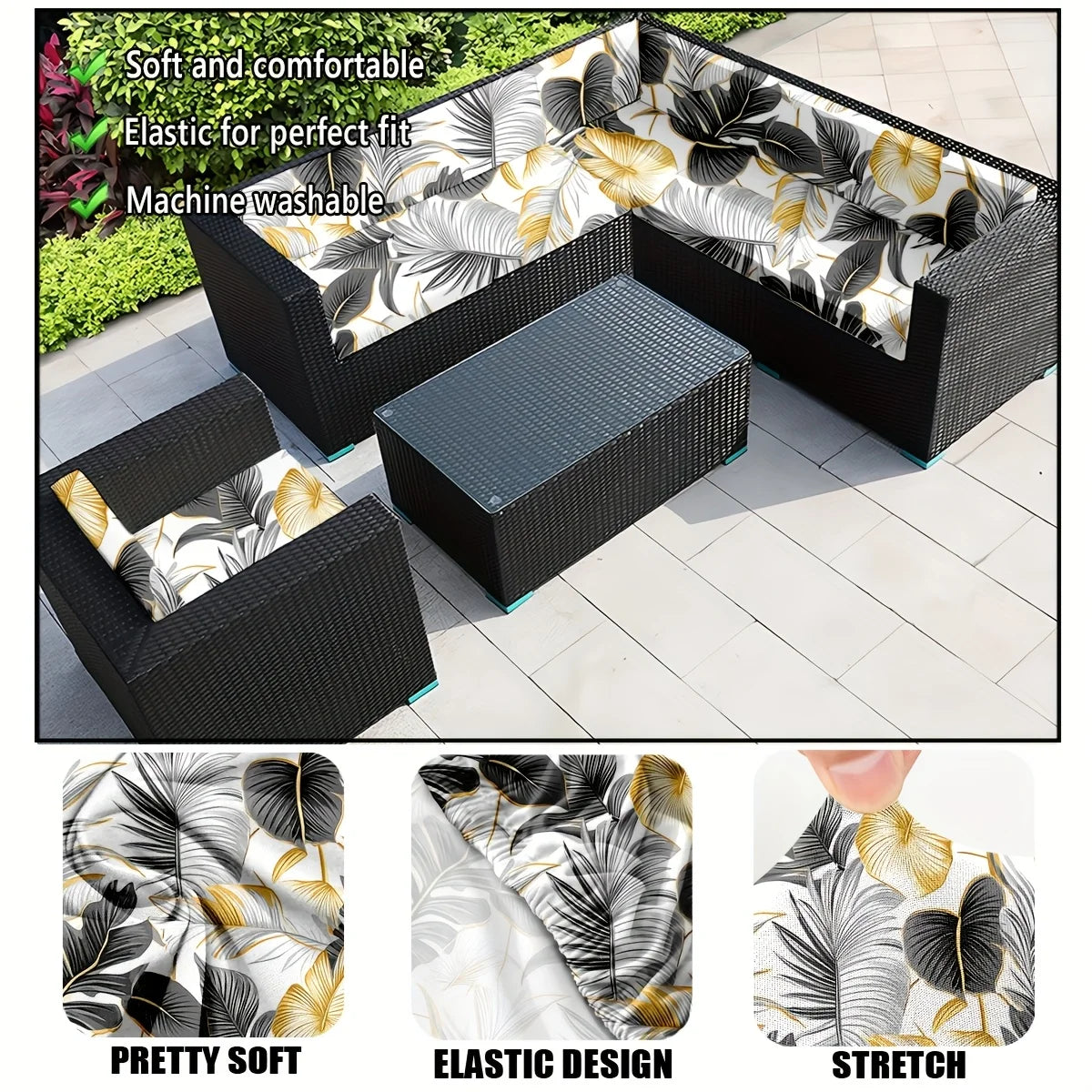 coussins canapé feuilles tropicales moderne noir blanc doré gris extérieur salon