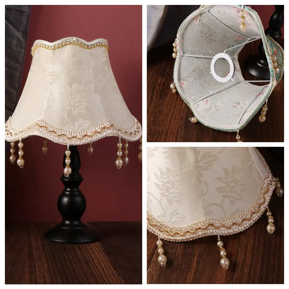 abat jour table vintage floral beige vert blanc motif texturé semi translucideFRINGESperlées