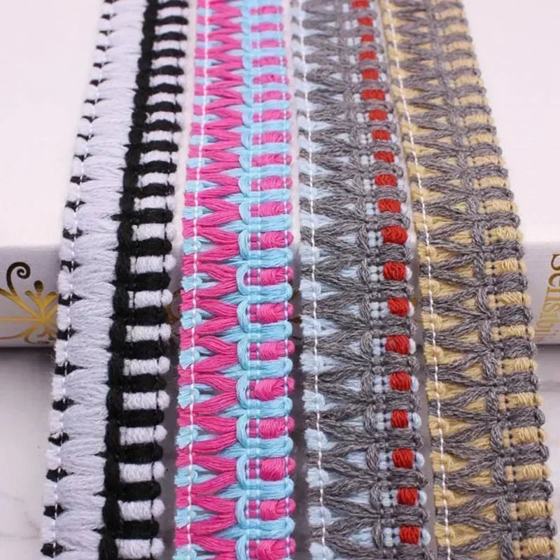 ruban tissé dentelle franges coton nylon bleu clair rose noir gris rayures horizontales artisanal