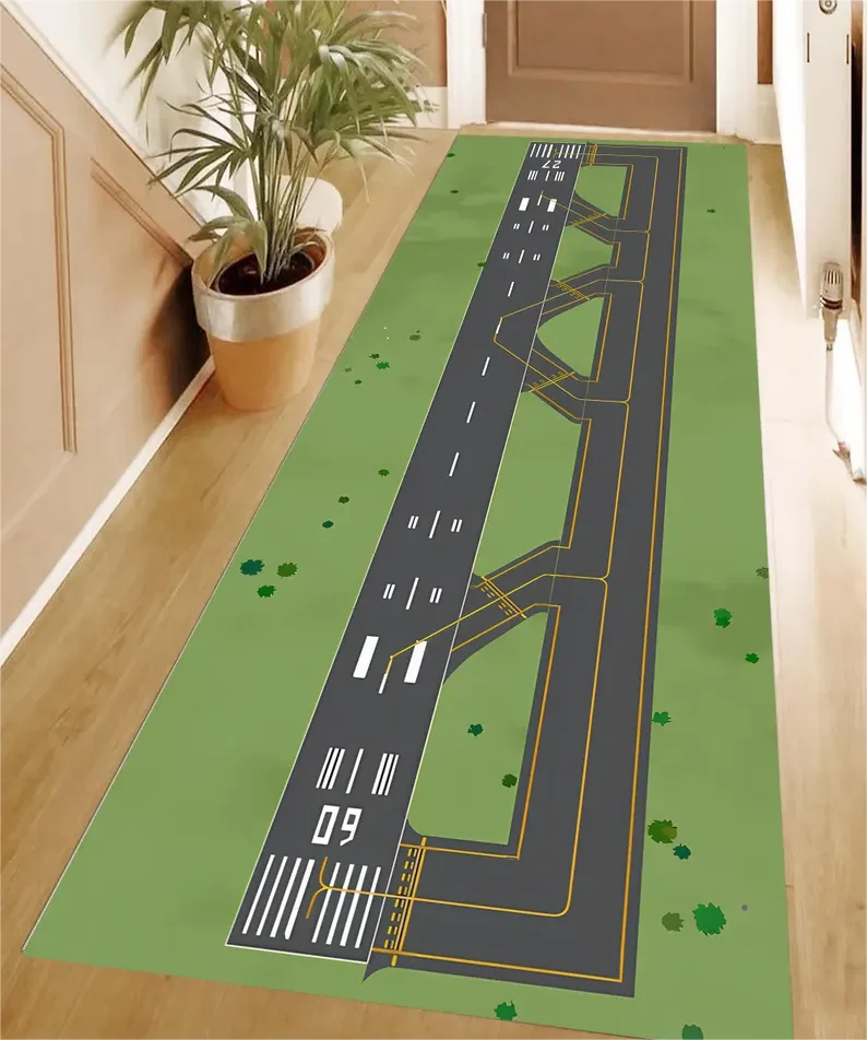 tapis vert gris moderne route marquages voitures salon chambre decoratif aubusson polypropylene polyester