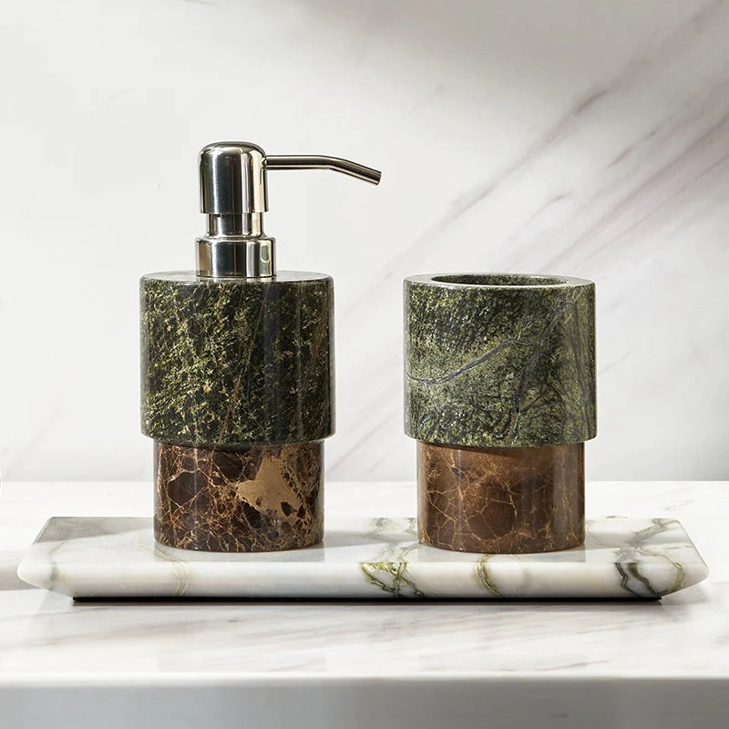 ensemble salle bain marbre moderne bouteille savon porte savon plateau vert marron noir blanc