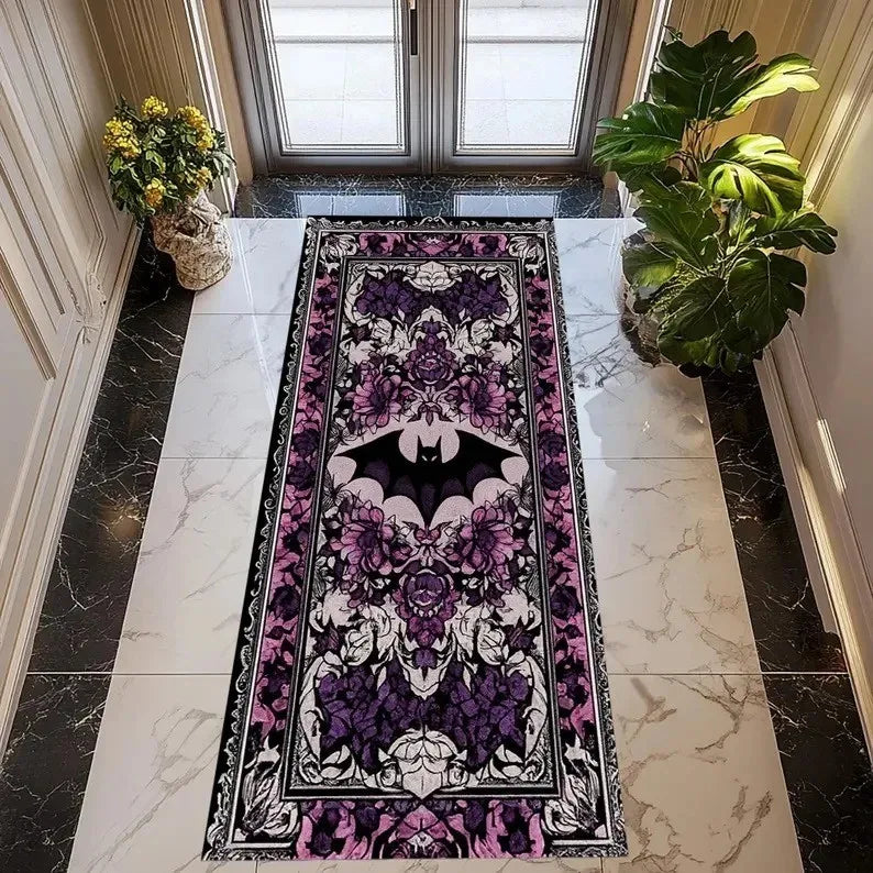 tapis gothique chauves souris violet noir floral moderne antidérapant extérieur intérieur couloir cuisine buanderie