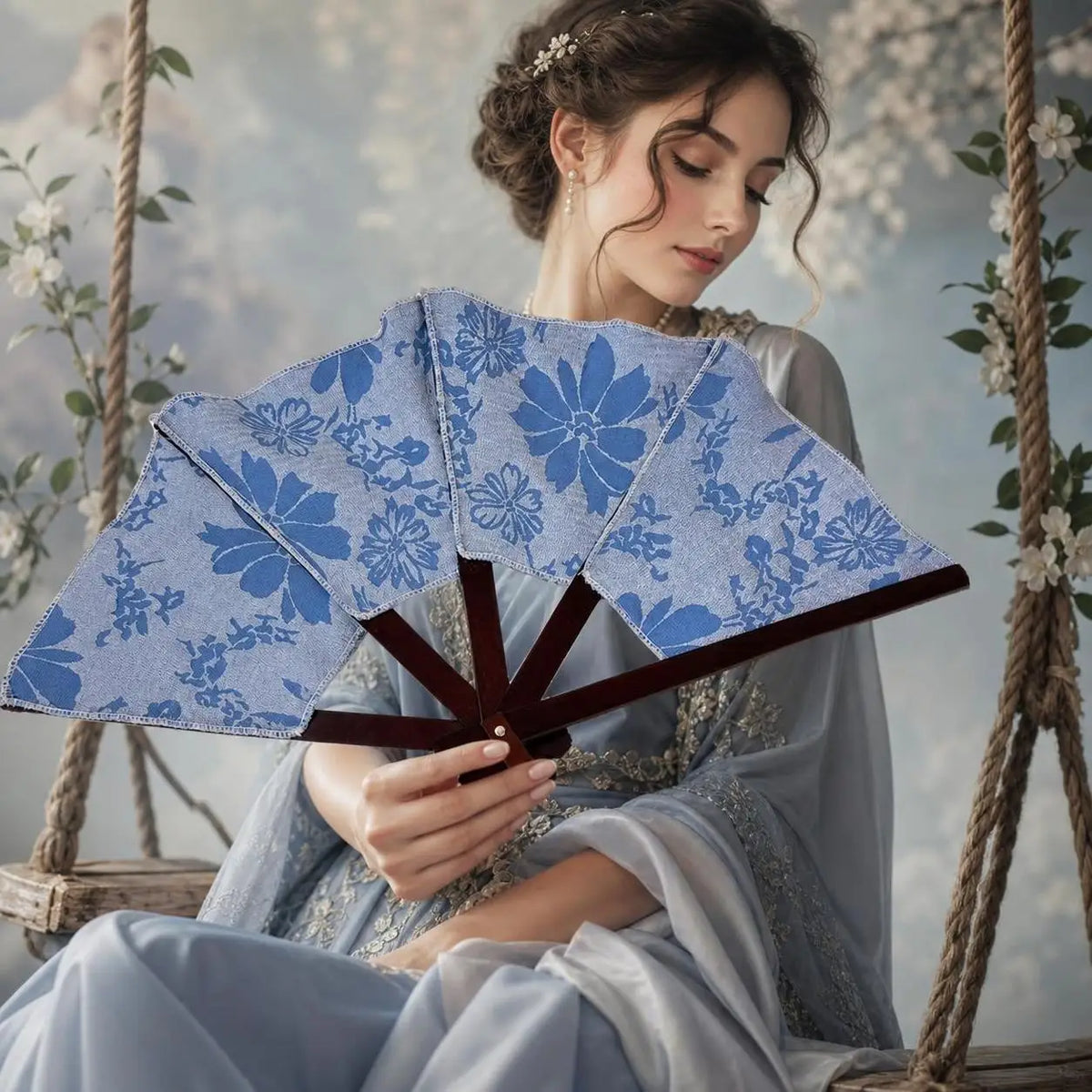 éventail classique fleurs bleu clair brodé cuir poignée décoration intérieure portable multifonction manivelle