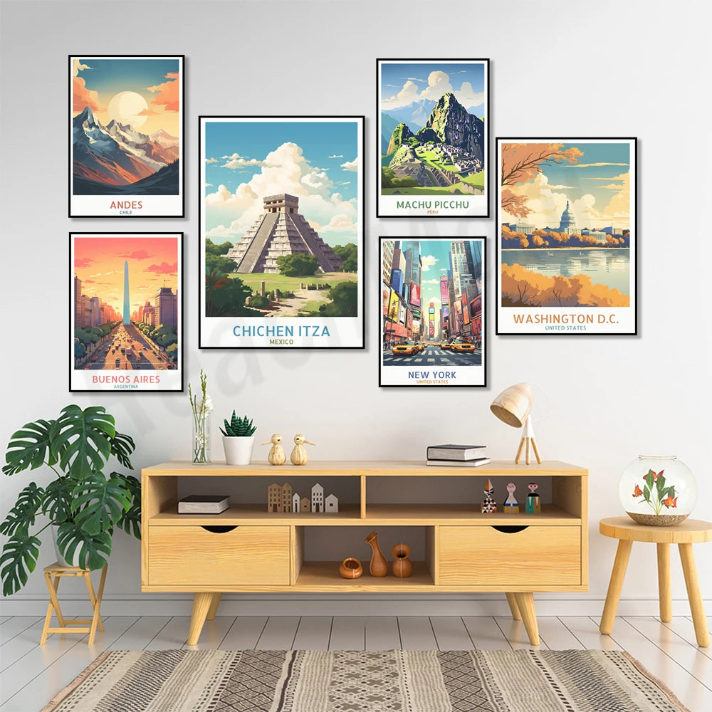 Collage de magnifiques affiches vintage illustrant différentes destinations de voyage, telles que les Andes, Machu Picchu, Chichen Itza, Buenos Aires et Washington D.C., créant une décoration murale élégante et inspirante dans ce salon moderne.