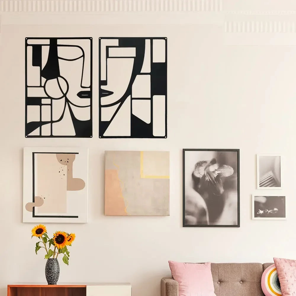 art mural abstrait contemporain noir blanc géométrique facile chambre couchette decoration métal