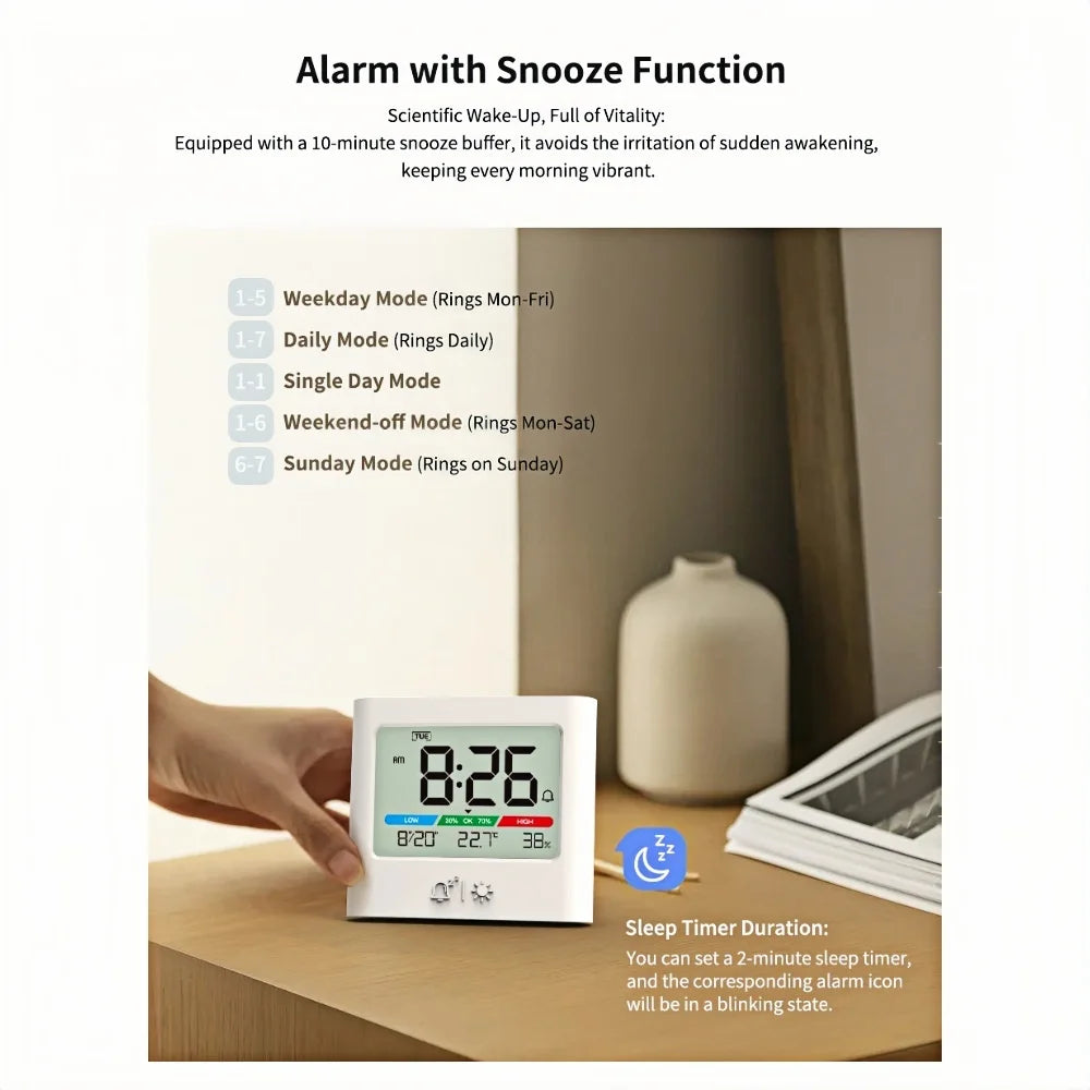 réveil numérique lcd affichage température humidité date horloge voyage écran led blanc moderne minimaliste