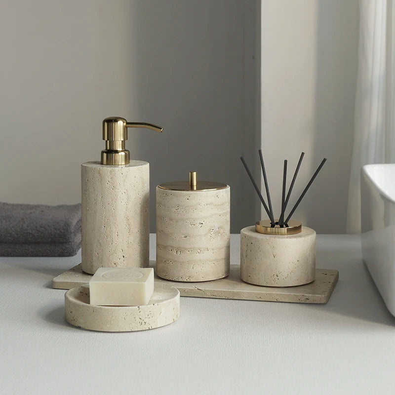 ensemble accessoires salle bain travertin beige distributeur savon plateau pot coton diffuseur moderne