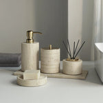 ensemble accessoires salle bain travertin beige distributeur savon plateau pot coton diffuseur moderne